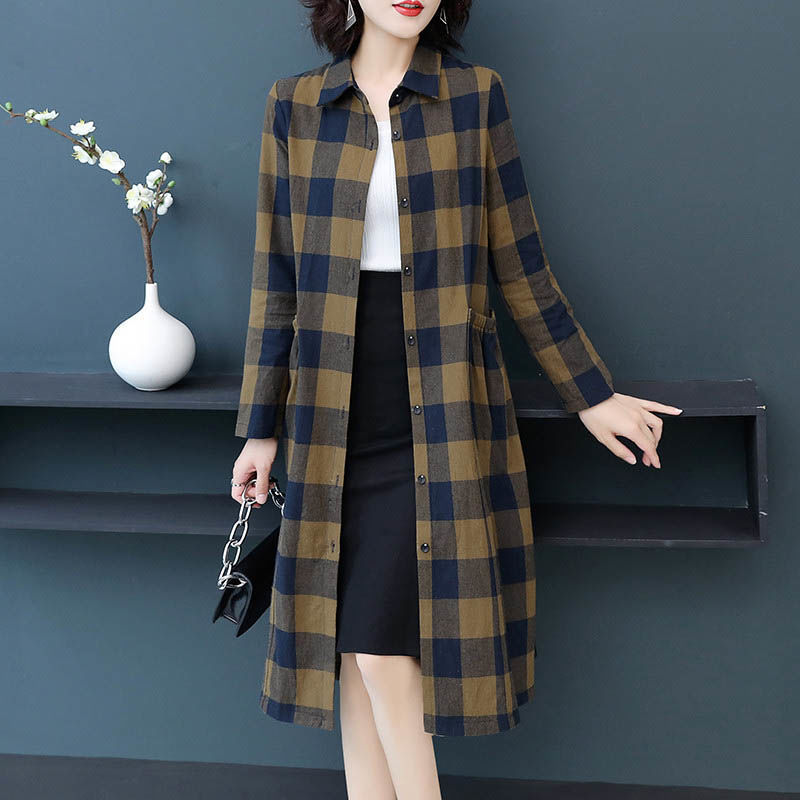Plaid Cotton Trench Coat for Women, Spring and Autumn, Long, Loose, Waist-Cinching, Slimming Shirt, New Versatile Casual Shirt Jacket Plaid Cotton Trench Coat for Women, Spring and Autumn, Long, Loose, Waist-Cinching, Slimming Shirt, New Versatile Casual Shirt Jacket