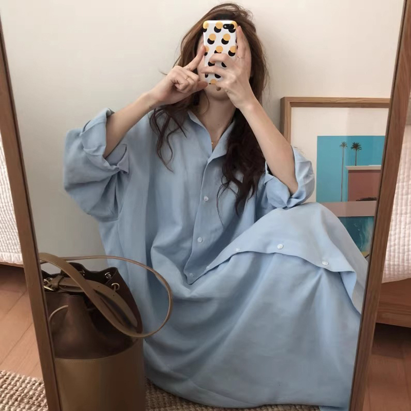 Long-Sleeved Shirt Dress for Women, Spring & Fall New Style, Loose, Lazy Style, Casual Chic, Mid-Length Over-The-Knee Shirt Dress