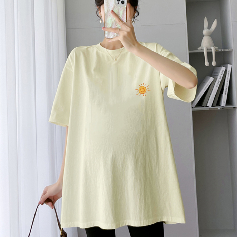 Maternity Wear Short-Sleeved Summer New Pure Cotton T-Shirt for Plus-Size Women, Mid-Length Style to Cover the Belly Without Showing Pregnancy, Large Size Top