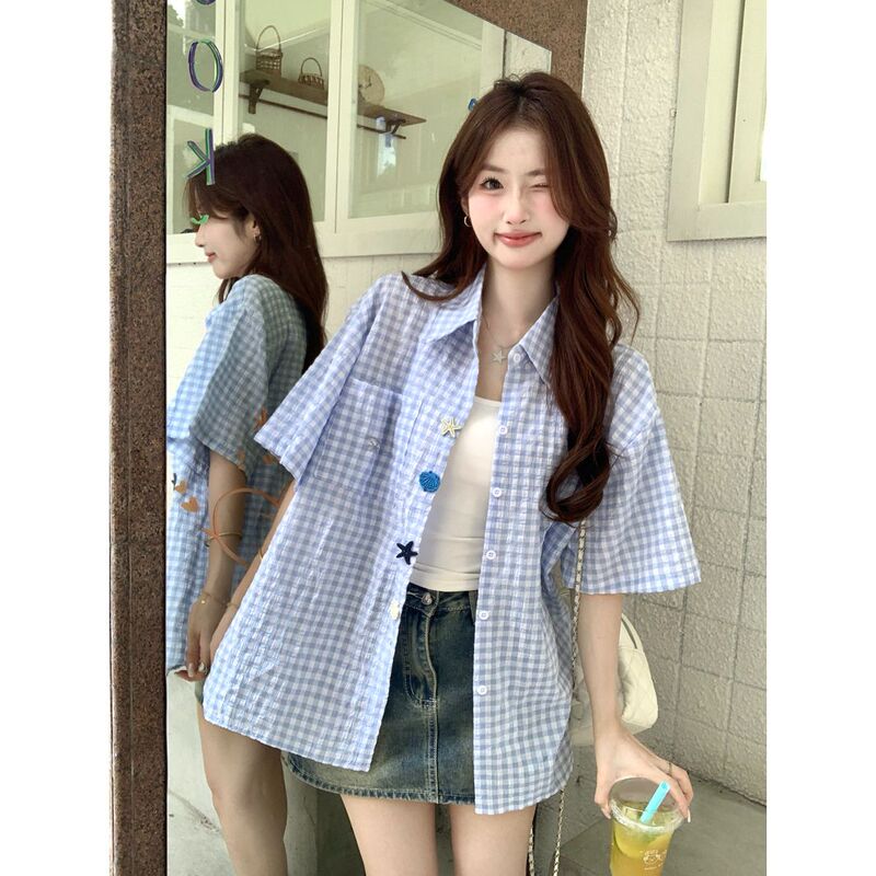 Light Blue Plaid Shirt for Women, Summer Short-Sleeved Korean Style Loose College Style Cute Design Shirt Cardigan Jacket Light Blue Plaid Shirt for Women, Summer Short-Sleeved Korean Style Loose College Style Cute Design Shirt Cardigan Jacket