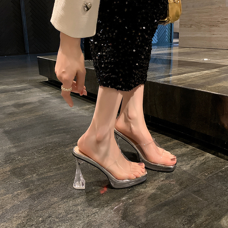 Italian [Designer Original] Sexy Transparent Crystal Chunky Heel Platform Sandals Women's Outdoor High Heels
