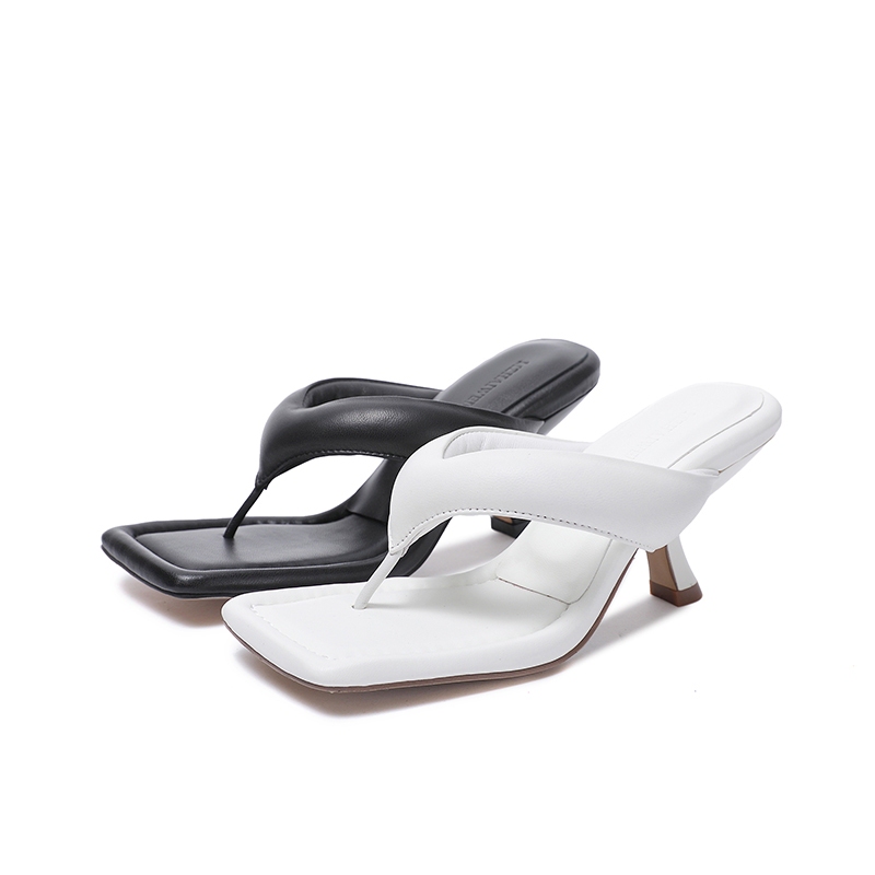 26 Summer Genuine Leather High Heels Comfortable Women's Fashion Square Toe Sheepskin Thin Heel Thong Sandals