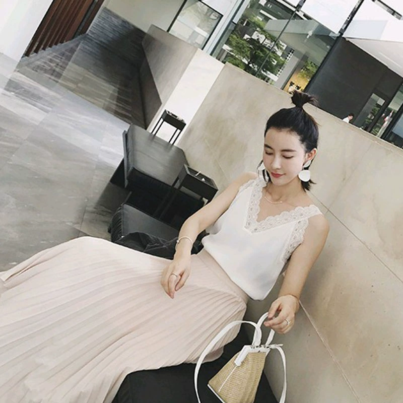 Mùa thu đông 2018 mới của phụ nữ vest ren cổ chữ V chạm đáy áo ngắn đoạn rộng rộng áo sơ mi hoang dã
