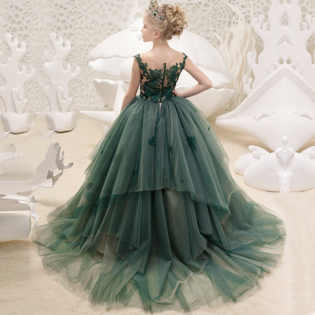 Cho thuê váy dạ hội cho bé gái Mô hình catwalk váy dài cho thuê bé gái sân khấu trình diễn váy dài xanh - Váy trẻ em set vest công tử bé trai cao cấp
