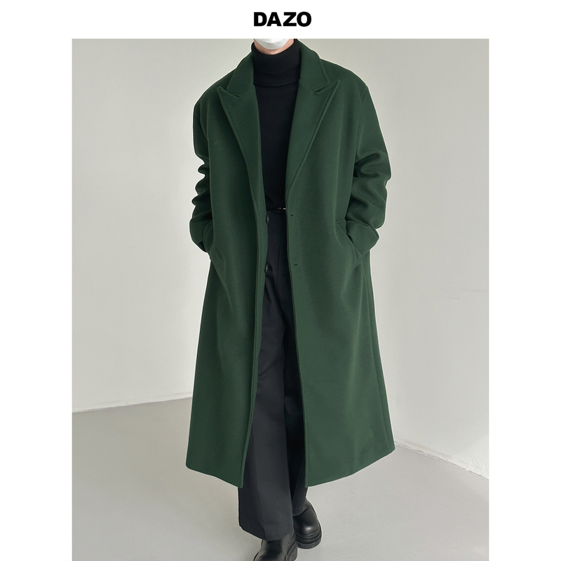 Dazo High-End Green Woolen Coat for Men, Long Over-The-Knee Coat, Winter Thickened Suit Collar Woolen Trench Coat