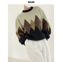 DAZO Retro Port Wind Rhombus Sweater Male Thickened Round Neckline Weaselwear Casual 100 Lapped Autumn Winter Goat Sweatshirt Trend