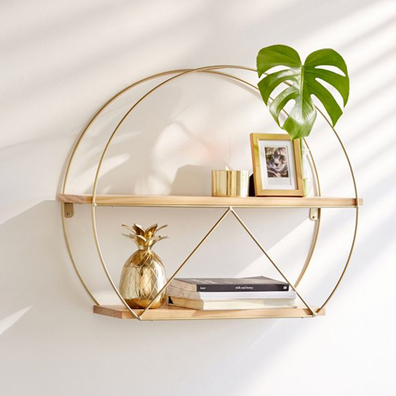 Nordic multilayer separator wall Shelves Golden Adornment of the shelves Wall Decoration Iron Art Solid Wood Background Wall Bookshelves