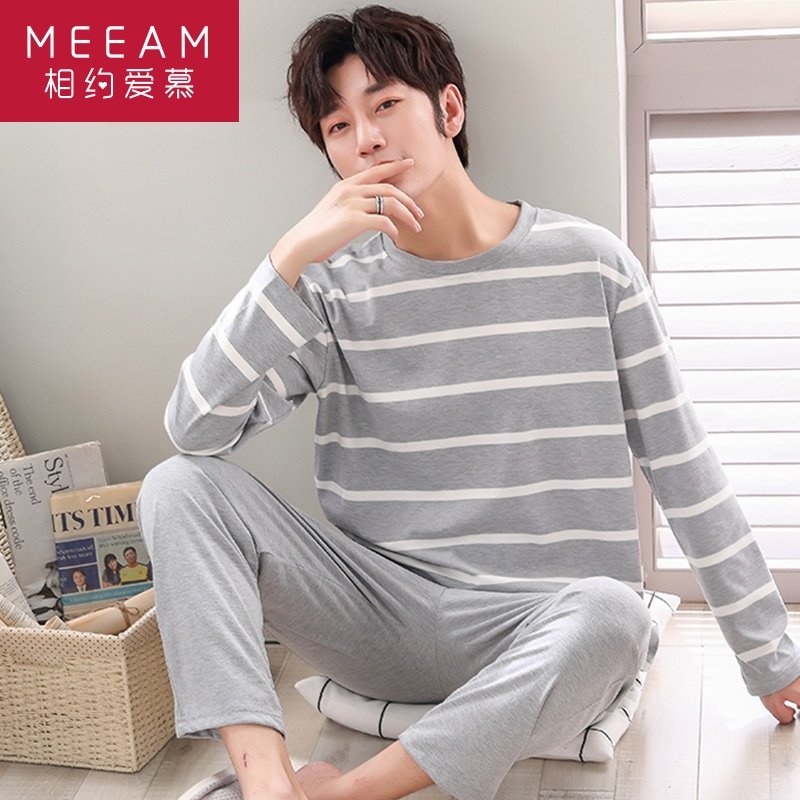 Men's Home Clothing Spring Autumn Season Long Sleeves Pure Cotton Boys Kids' Sleepwear Men's Size Loose Autumn And Winter Models TWO-PIECE SUIT