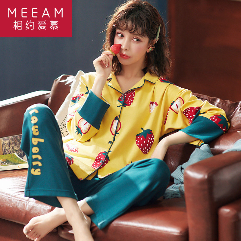 Long Sleeve Pajamas Lady Spring Autumn Season Pure Cotton Thin piece Two-piece suit Home Suit Able To Go Out Casual Net Red with full cotton