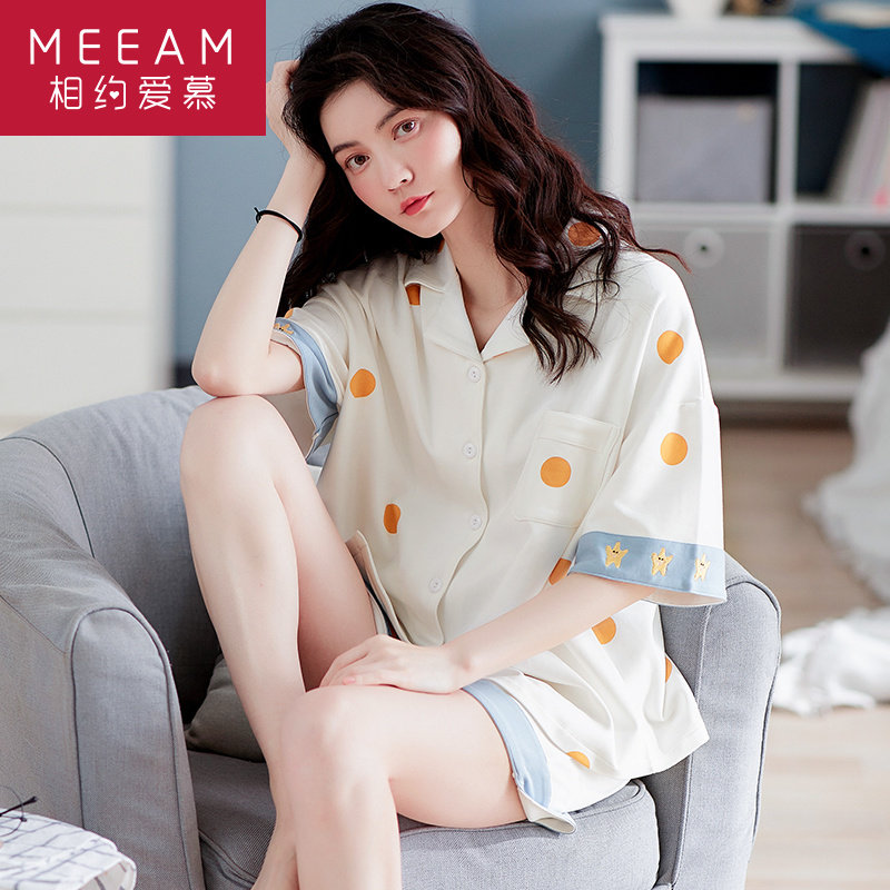 Pajamas female summer pure cotton thin short sleeved shorts cardigan lovely web celebrity hot style home clothes two sets of Western style