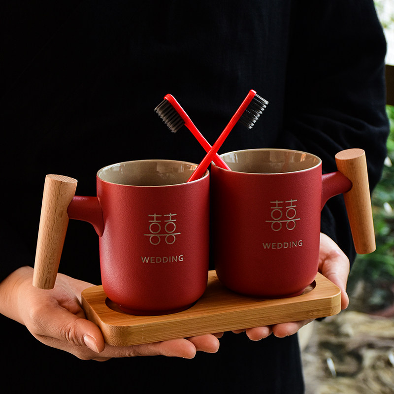 Chinese Wind Guoqi Married a pair of ceramic water cups wash mouth cup brush cup to marry wedding products gift box