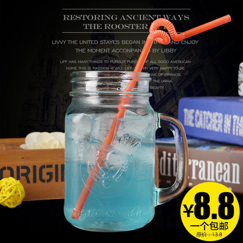 Imported glass cup with lid retro rooster cup creative square canned cup cold drink handle cup beer mug