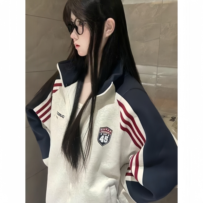 American-Style Color-Block Striped Stand-Up Collar Sweatshirt for Girls, Older Children, Spring and Autumn, Middle and High School Students, Cardigan Jacket Top
