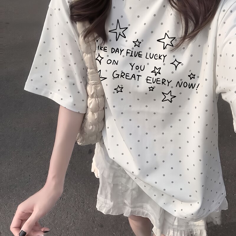 American Retro Star Polka Dot Short-Sleeved T-Shirt for Girls, Summer 2026, Loose Top for Junior High and High School Students American Retro Star Polka Dot Short-Sleeved T-Shirt for Girls, Summer 2026, Loose Top for Junior High and High School Students