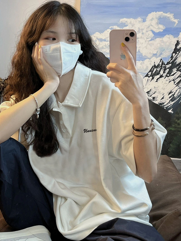 Summer White Polo Collar Short-Sleeved T-Shirt for Girls, Junior High School Students, Half-Sleeved T-Shirt, Loose Casual Pure Cotton Top