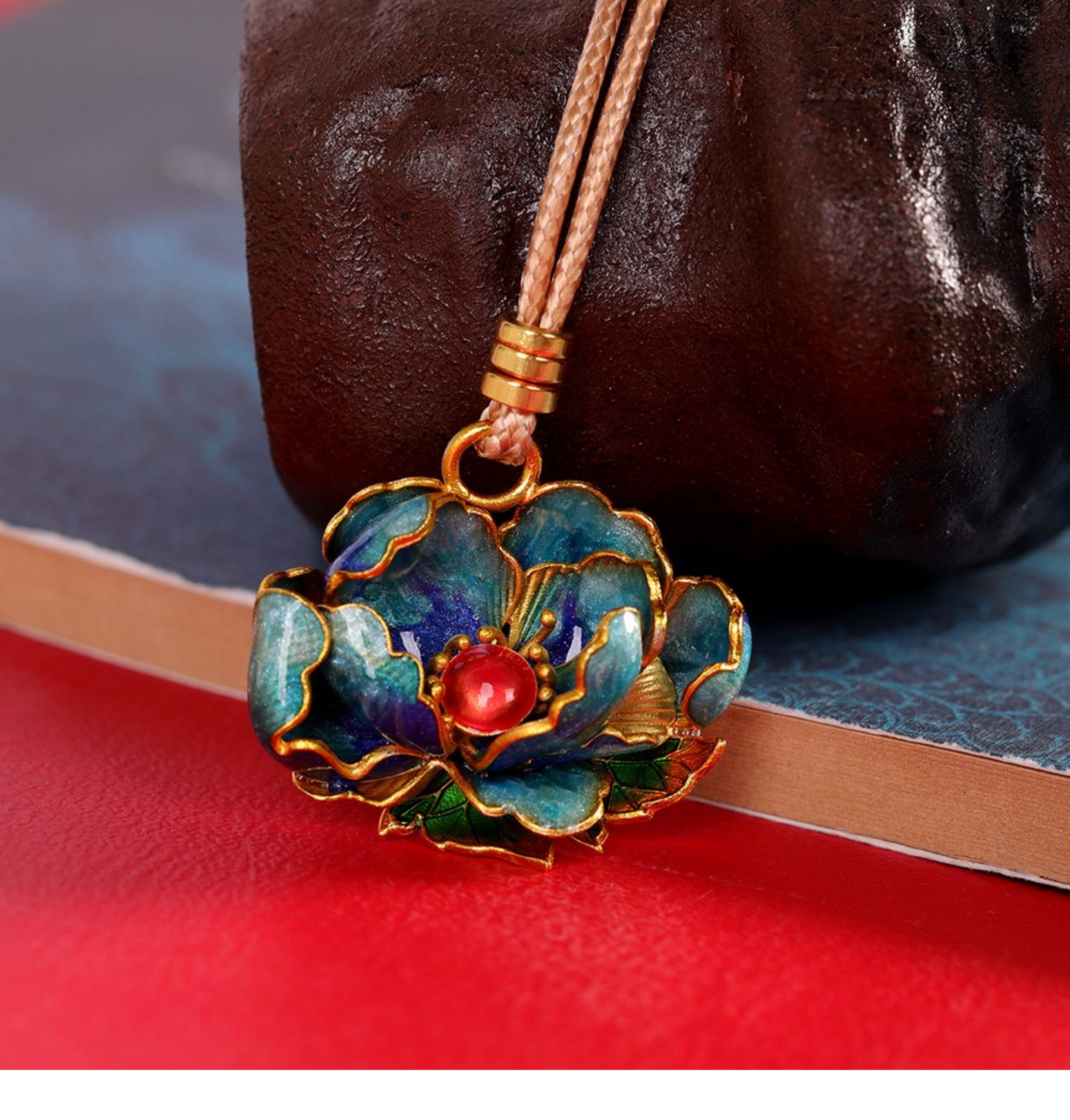 товар из китая 轻奢国风足银9999牡丹花项链女珐琅彩民族风纯银吊坠长款毛衣链