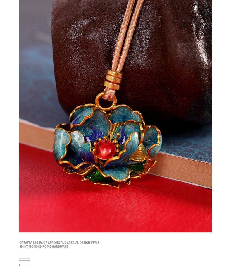 товар из китая 轻奢国风足银9999牡丹花项链女珐琅彩民族风纯银吊坠长款毛衣链