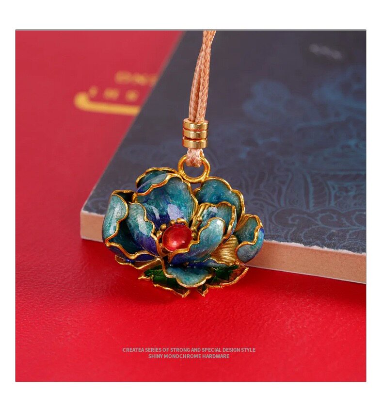 товар из китая 轻奢国风足银9999牡丹花项链女珐琅彩民族风纯银吊坠长款毛衣链