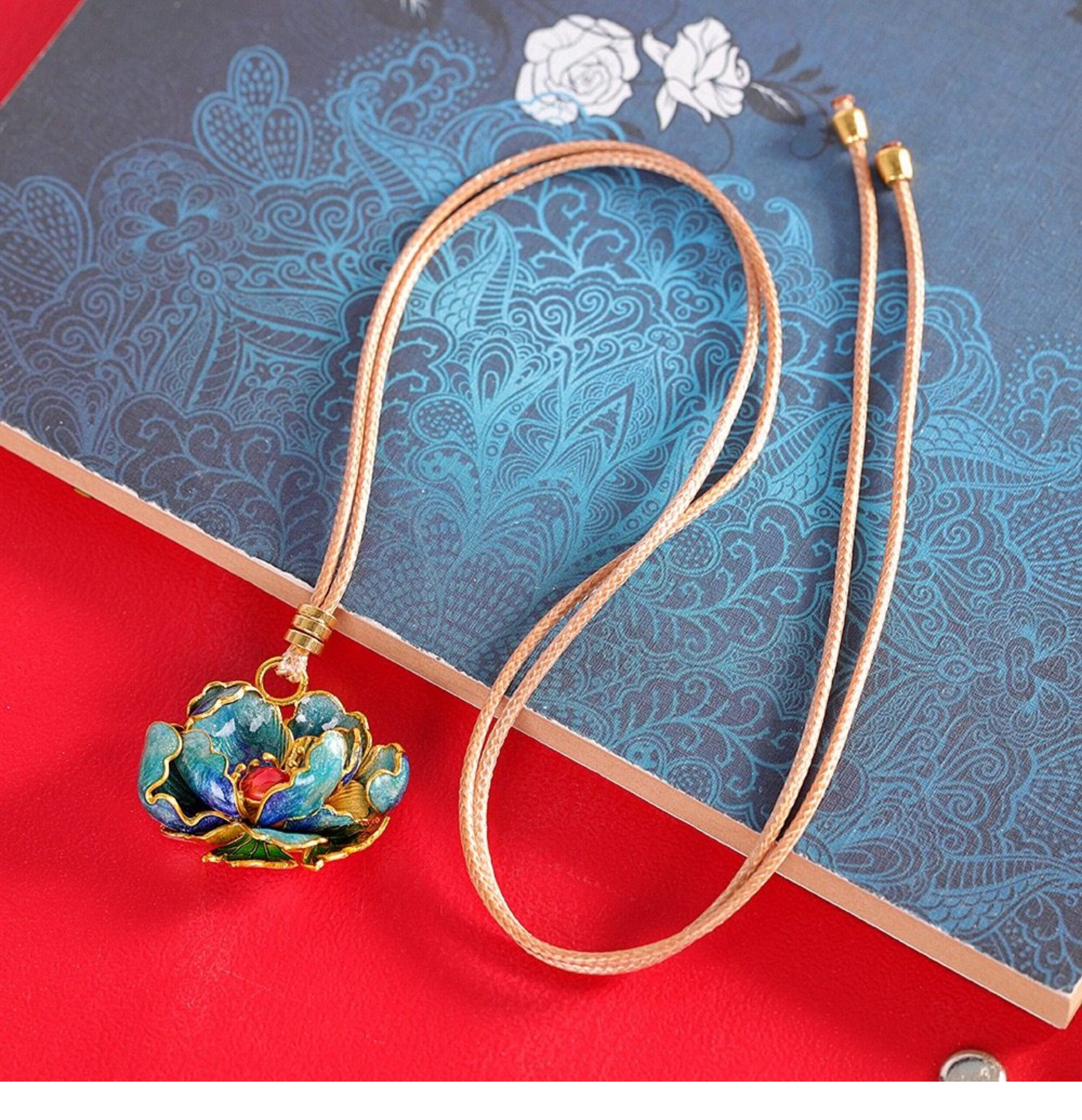 товар из китая 轻奢国风足银9999牡丹花项链女珐琅彩民族风纯银吊坠长款毛衣链