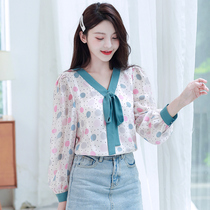 Real shot 9506 Super fairy sweet floral chiffon jacket women long sleeve Autumn New Age reduction bow foreign gown shirt