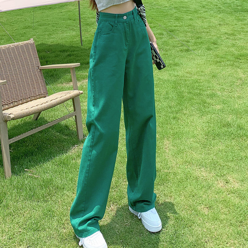 Spring and Autumn New Style Dark Green Wide-Leg Jeans for Women, Unique Straight-Leg Floor-Length Pants, Casual Trendy Slimming Jeans