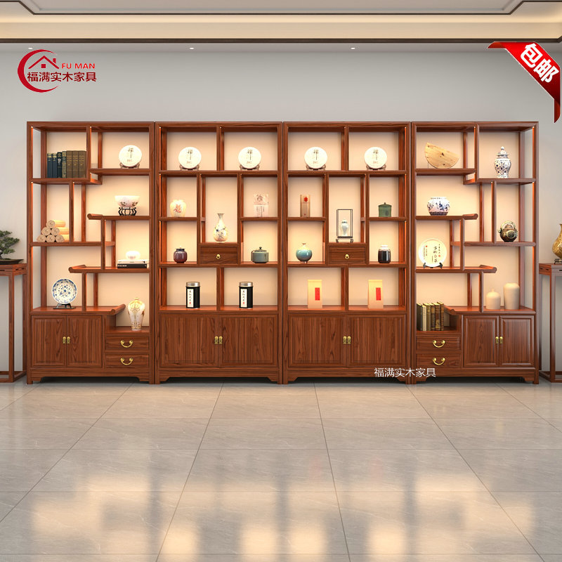 Solid Wood Display Cabinet for Tea Leaves in New Chinese Style with Light, Suitable for Tea Room, Tea Storage, and Decorative Shelf