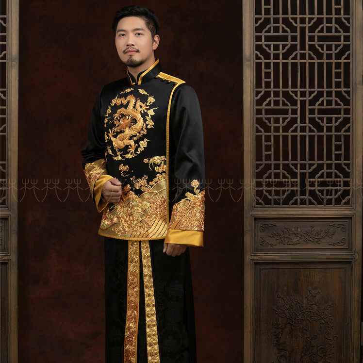 Huffin Wedding Dress New Men's Robes Mandarin Vest Uniform Edition Black Real Silk Resatin Pan Gold Solid Dragon Troupe