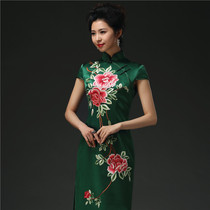  Huafen CheongsamBlooming wealthoriginal cheongsam heavy satin handmade custom dark green peony mother outfit