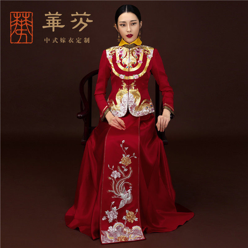 Huffin Wedding Dress Original Chinese Style Wedding handmade disc gold embroidery Luan Fengfeng dress Dragon Feng hung up with a slim fit