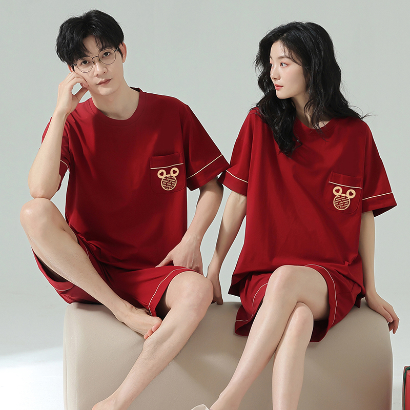Lycra Pure Cotton Wedding Pajamas Newlywed Couple Set Red 2026 Year of the Horse Zodiac Year Summer Home Wear for Men and Women