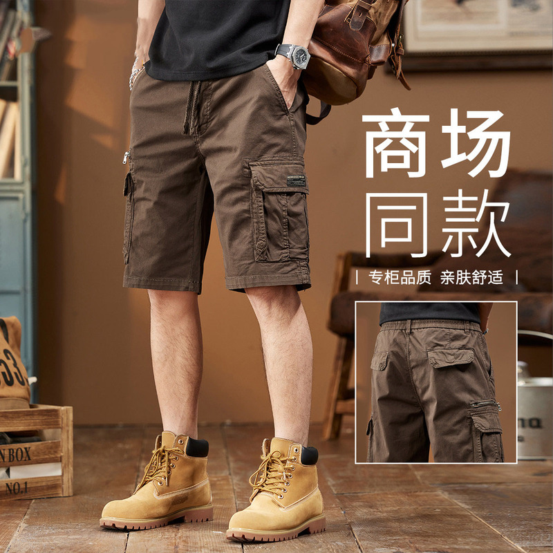 Men's Trendy Work Shorts, Straight-Cut, Pure Cotton, Washed Vintage Style, Outdoor Multi-Pocket, Durable Five-Point Shorts for Men