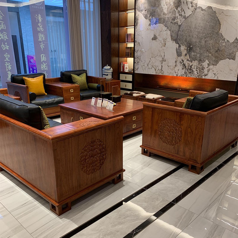 New Chinese-Style Solid Wood Sofa Set with Rosewood Carving, Modern and Simple Design, Suitable for Large Villas, Antique-Style High-End Furniture