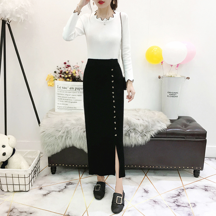 Mùa xuân và mùa thu Váy Hàn Quốc Slim Solid Màu dài Váy len dệt kim Bút chì Một bước Nút Chia Bib Váy Váy mẫu chân váy xòe