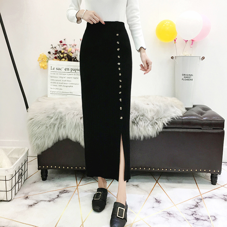 Mùa xuân và mùa thu Váy Hàn Quốc Slim Solid Màu dài Váy len dệt kim Bút chì Một bước Nút Chia Bib Váy Váy mẫu chân váy xòe