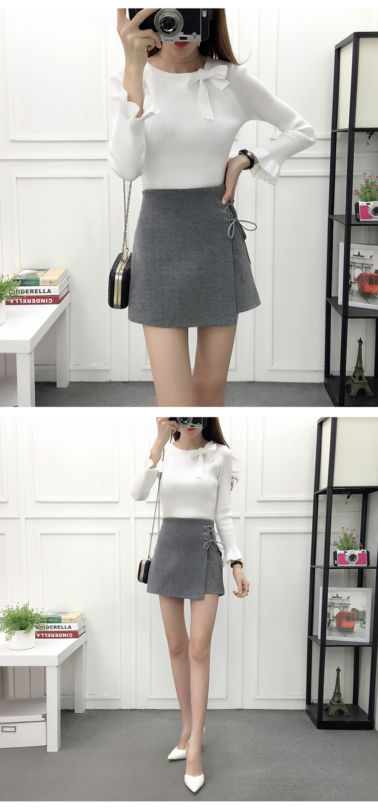 Eo cao một từ rộng chân quần short len ​​nữ mùa thu và mùa đông mới váy len giảm béo quần đáy quần bên ngoài mặc quần ủng dày thoi trang nu