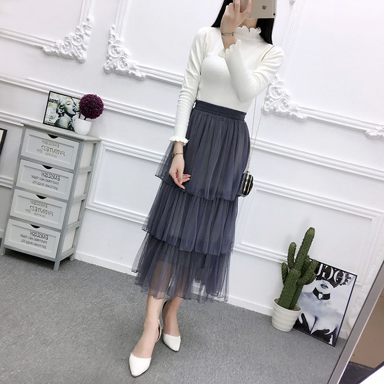 Ba lớp nhiều lớp váy bánh váy xếp li lưới váy eo cao chic cổ tích váy dài mô hình 2018 mới chân váy xòe dài