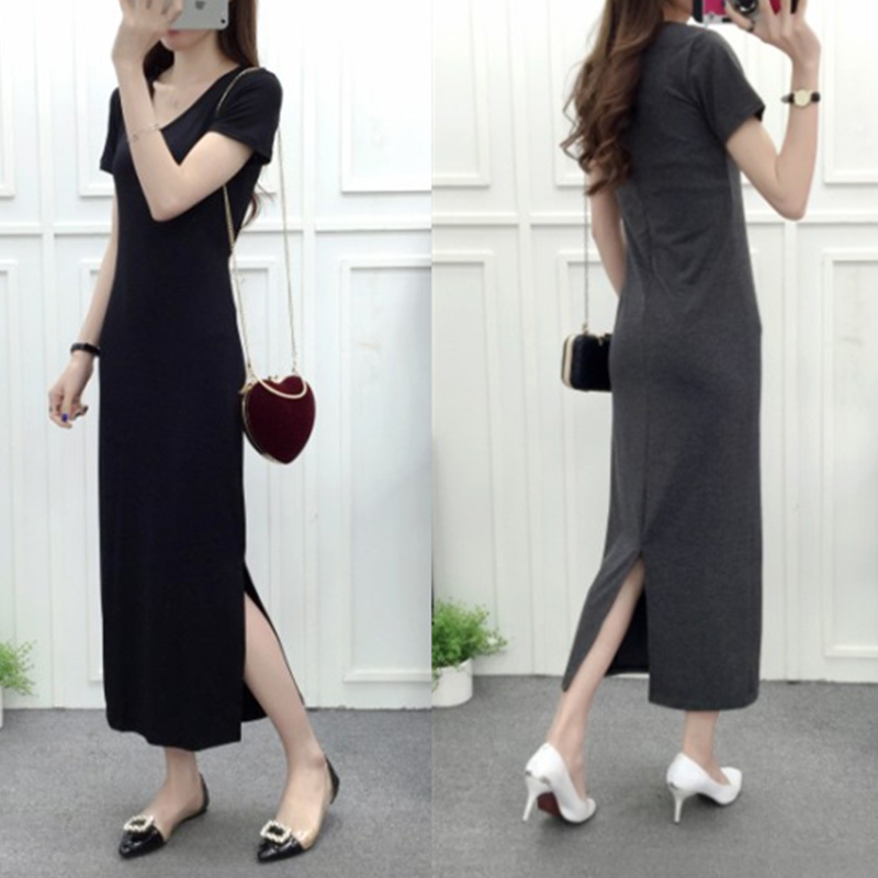 Modal V-Neck Dress, New Mid-Length Slim Fit Summer Side Slit Pencil Dress, Long Plus Size Base Dress