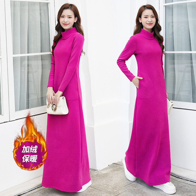 Autumn and Winter Fleece-Lined Thickened Dress, Plus Size, Extra Long, Floor-Length, Women's Over-The-Knee Base Dress, High-Neck, Slimming Long Dress Autumn and Winter Fleece-Lined Thickened Dress, Plus Size, Extra Long, Floor-Length, Women's Over-The-Knee Base Dress, High-Neck, Slimming Long Dress