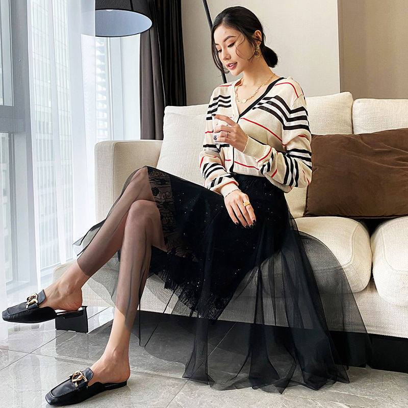 Spring and summer black lace skirt female small high waist Korean version princess skirt gauze skirt