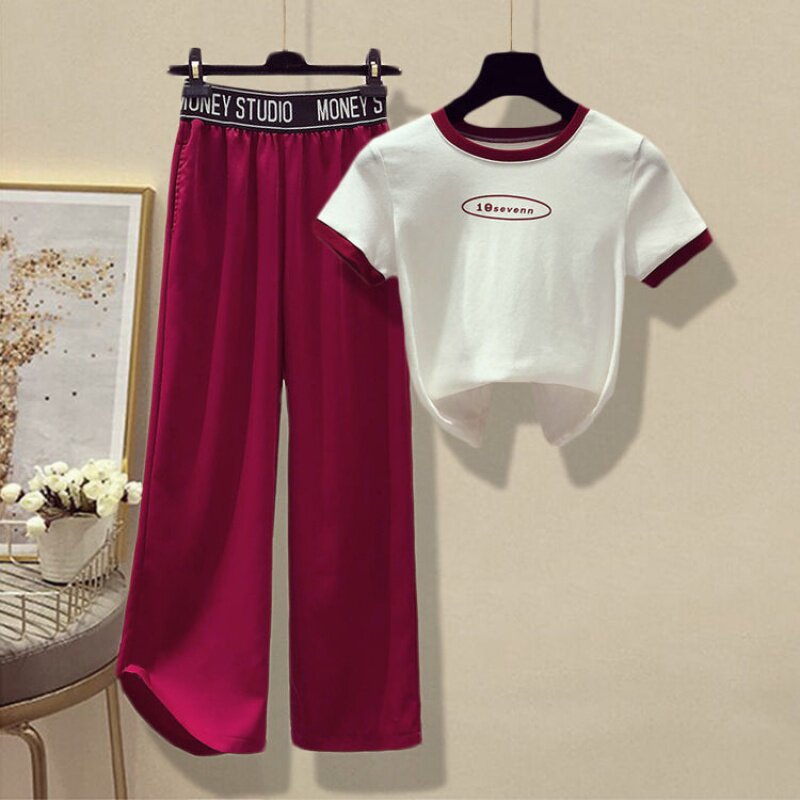 Summer Fashion Shirt Suit Ultra Fire Half Sleeve Short blouses High waist pituitary ice silk broadlegged pants Two sets of women