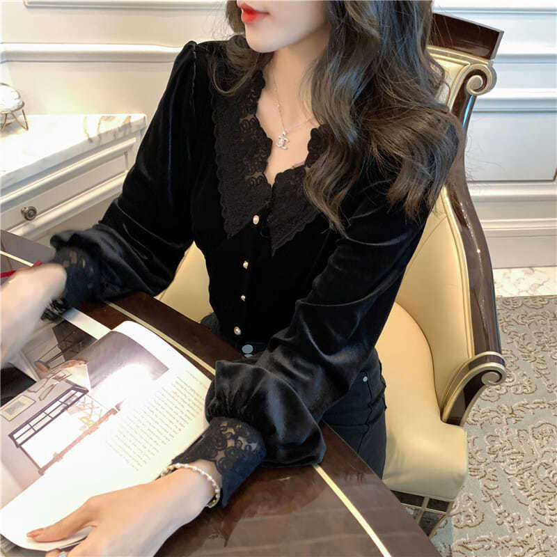 Foreign Pine Velvet Cardigan Undershirt Woman Autumn Winter Cardigan Design Sensation Lock Bone Blouse Inner Hitch Short T-shirt Long Sleeve Inner Lap