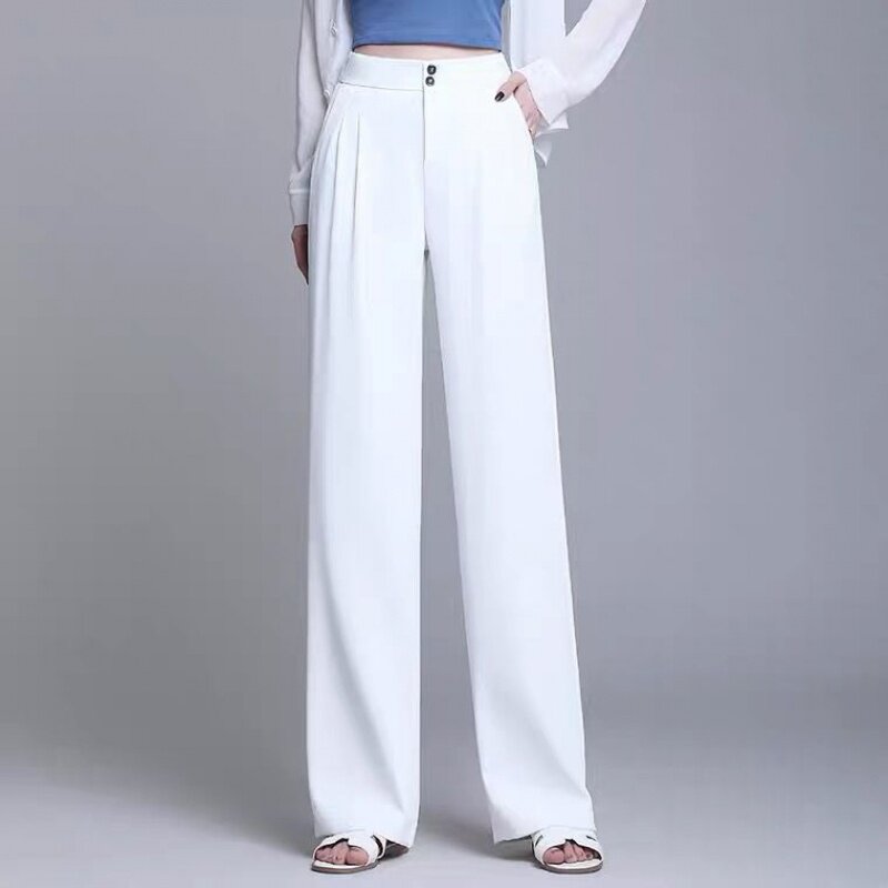 2021 Summer New White Wide Pants Woman High Waist Pituitary Fall Sensation Loose Ice Silk Snowspun Casual Straight Drum Mopping Pants