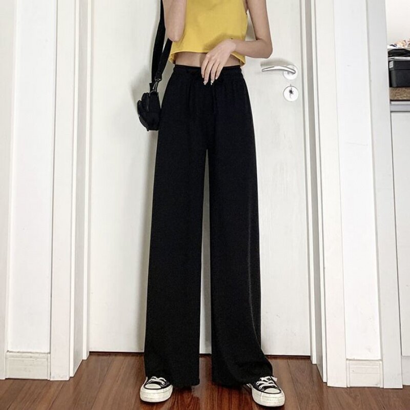 Ice Silk Broadlegged Pants Woman Spring Summer New High Waist Pituality Casual Pants Children Student Han Version Loose Slim Straight Pants