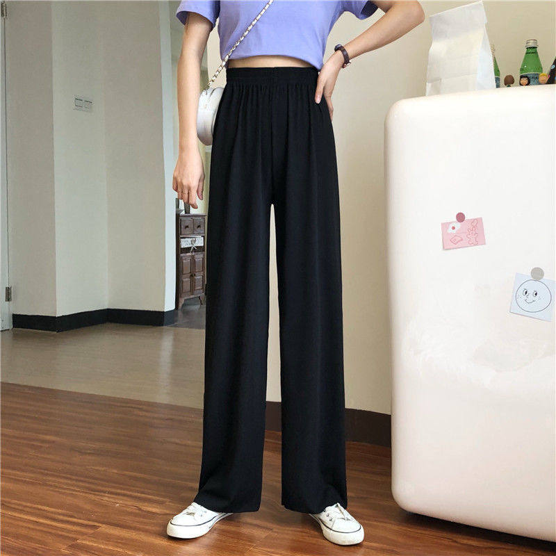 Ice Silk Broadlegged Pants Woman Spring Autumn High Waist Pituality Black Loose Summer Thin style Casual Straight Cylinder Pendant Sensant Trousers