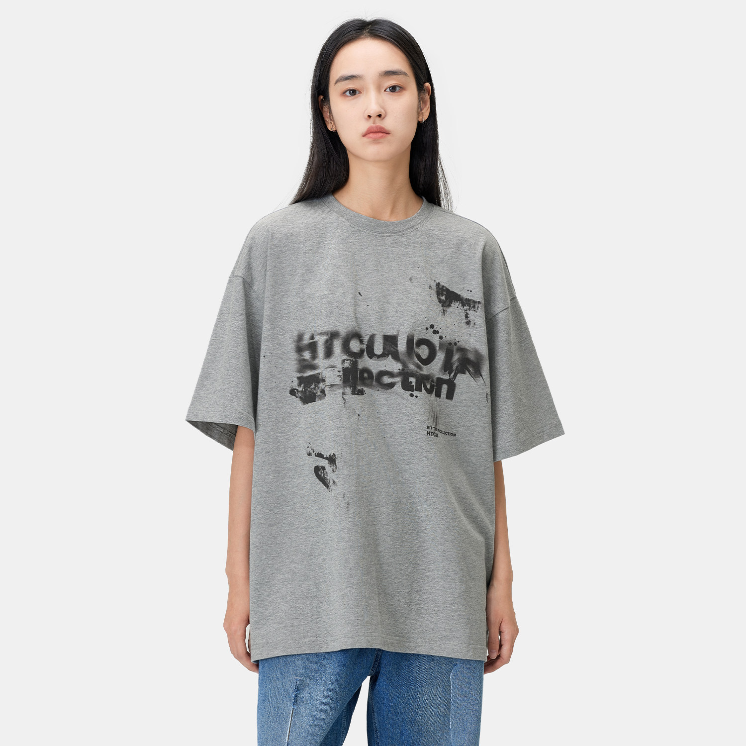 HTCU Illusory Twist Logo Short Sleeve Country Tide Card Men And Women Loose 100 Hitch Couples Summer Grey Pure Cotton T-shirt