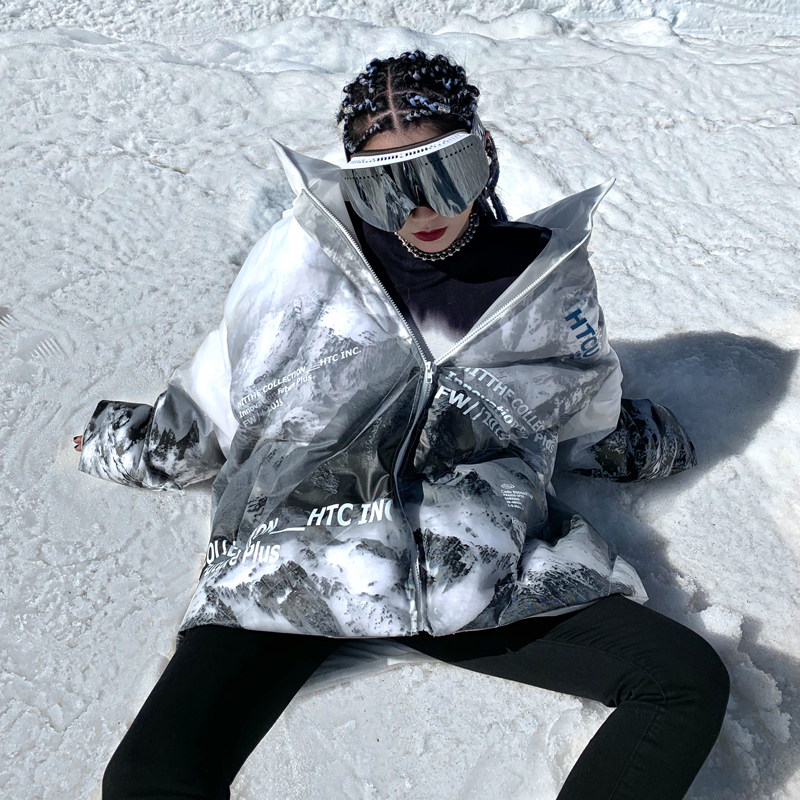 HTCU official flagship store Snow Mountain asymptotic transparent cotton clothing Chaobou men and women Winter bread wear jacket loose thickened