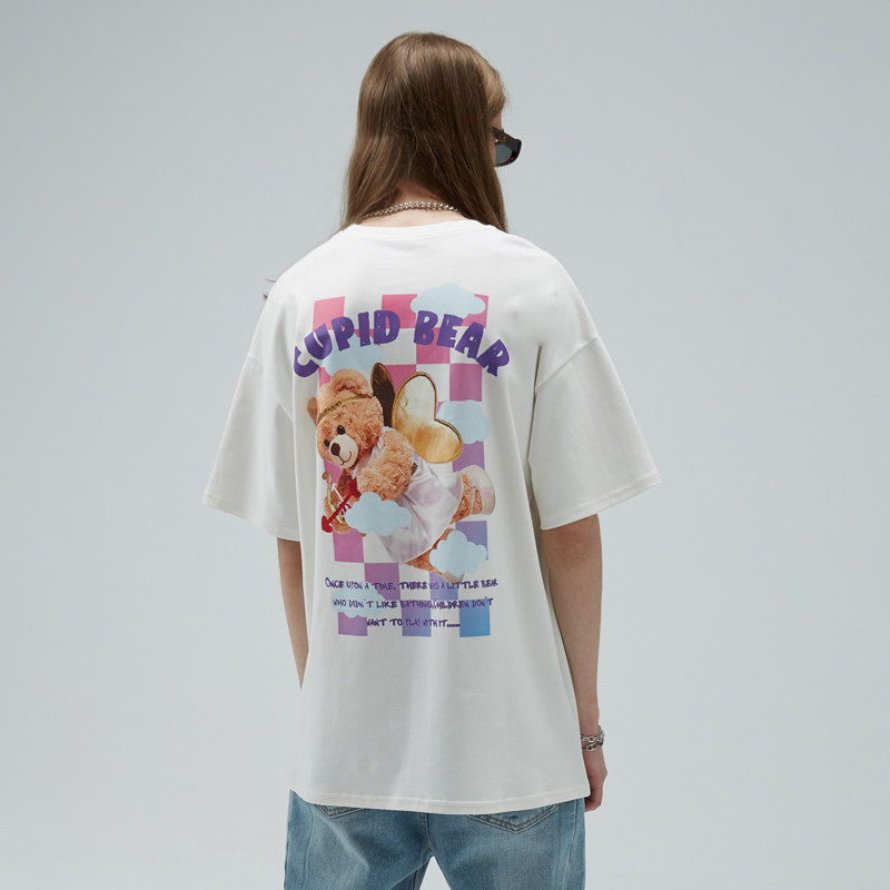 HTCU Cartoon Chessboard Grit Sky Small Bear Short Sleeve Hip Hop Street Loose Ins Couple Summer Clothes Casual T-Shirt Tide Card