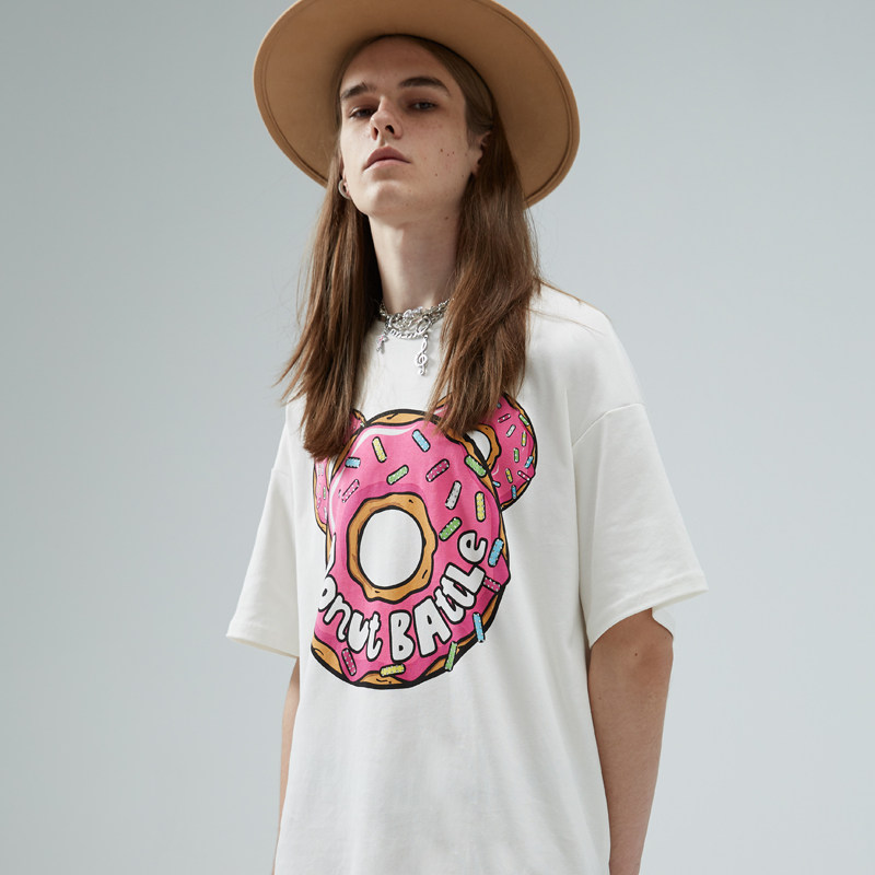 HTCU Tide Cards Cartoon Doughnut Small Bear Short Sleeves Ins Cute Hip-hop Lovers Loose T-shirt Men And Women Shiny Bricks