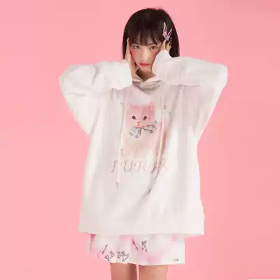 HTCU cartoon pearl cat sweater national tide brand couple hip-hop ins hooded hoodie warm girl casual cute style