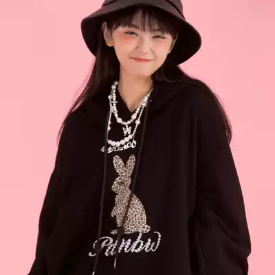 HTCU tide brand BAO WEN rabbit printed thick cotton T couple casual loose ins hip-hop men and women hooded hoodies plus velvet